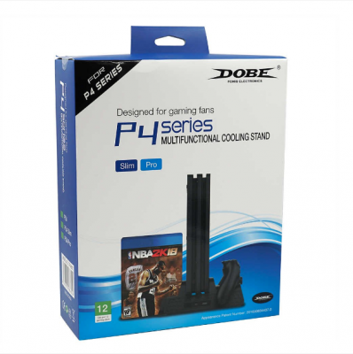 Подставка Dobe с охлаждением, зарядкой на 2 геймпада и полкой для дисков (PS4)